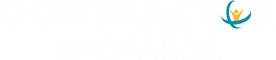 Contractor In Charge logo - teal and yellow figure with upraised arms inside a curved swoosh